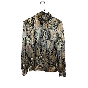 Nicola Vintage Gold Abstract Print Mock Neck Blouse Top Size 8
